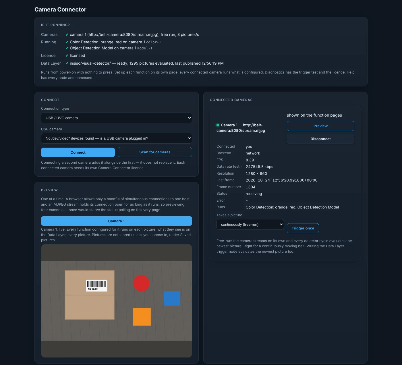 Visual Detector's Camera Connector page