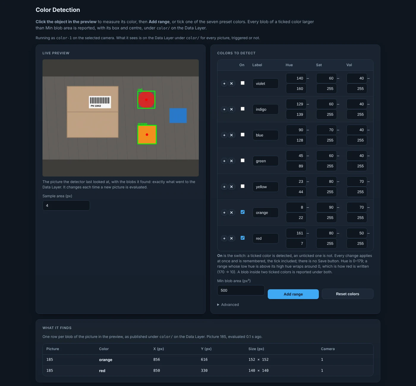 Visual Detector's Color Detection page