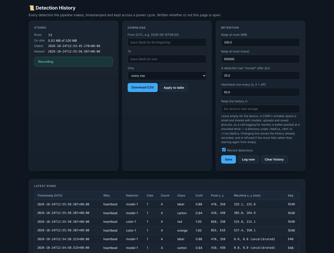 Visual Detector's Detection History page